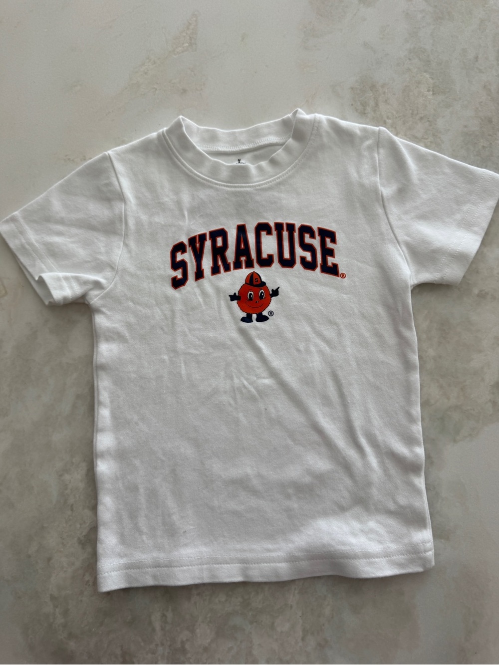 Syracuse University White Kids Short Sleeve Tee with Orange Mascot Graphic